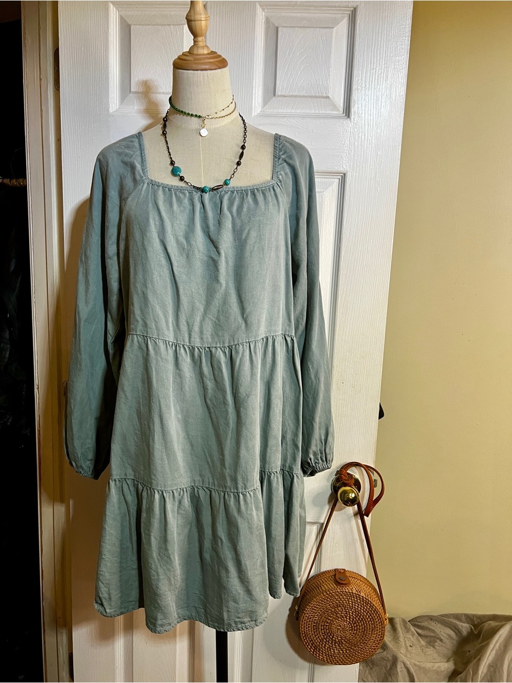 Anthropologie Amadi Wms Green Tiered Balloon Sleeve Cottagecore Mini Dress M